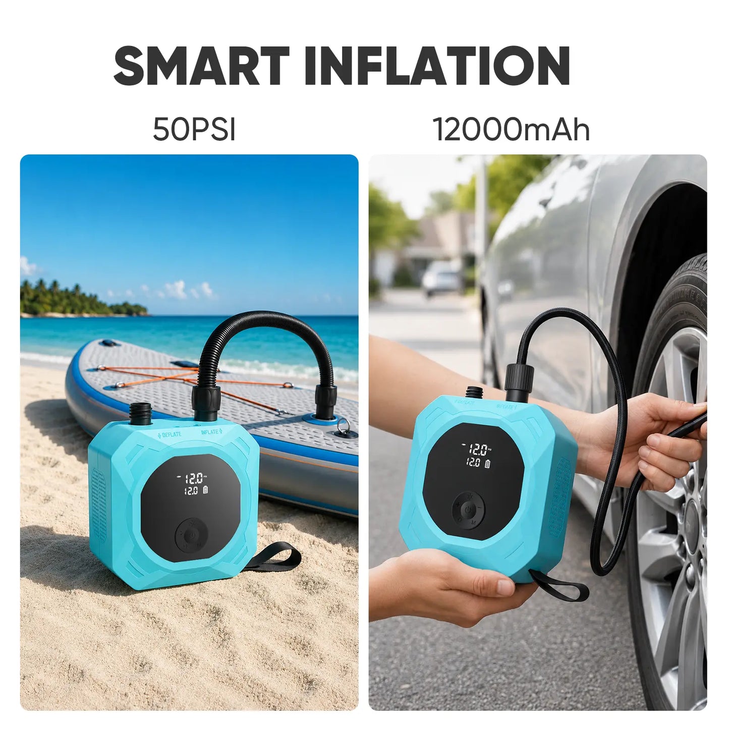 SHEKAR 50PSI Multi Powerful Electric Air Pump with Dual-Stage Fast Inflation & Deflation, Paddle Board Electric Pump, Rechargeable SUP Pump 12000Mah, Auto-Off Function for Stand-Up Paddle Boards, Car Tyres, Boats, Surfing Kites Tents, Kayaks