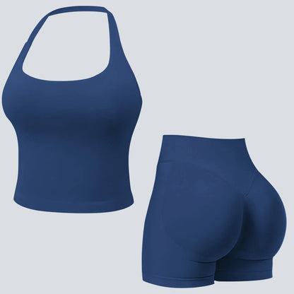 Jetjoy Sets for Women 2 Piece, Workout Sets for Women 2 Piece Gym Outfits Seamless Longline Halter Backless Crop Top Scrunch Bum Shorts Athleisure Yoga Outfits Gym Tracksuit Fitness & Casual Wear Summeroutfit