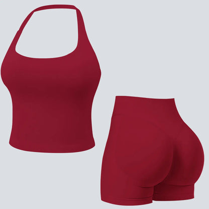 Jetjoy Sets for Women 2 Piece, Workout Sets for Women 2 Piece Gym Outfits Seamless Longline Halter Backless Crop Top Scrunch Bum Shorts Athleisure Yoga Outfits Gym Tracksuit Fitness & Casual Wear Summeroutfit