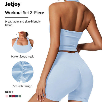 Jetjoy Sets for Women 2 Piece, Workout Sets for Women 2 Piece Gym Outfits Seamless Longline Halter Backless Crop Top Scrunch Bum Shorts Athleisure Yoga Outfits Gym Tracksuit Fitness & Casual Wear Summeroutfit