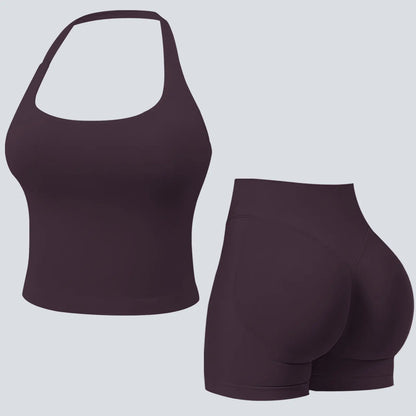 Jetjoy Sets for Women 2 Piece, Workout Sets for Women 2 Piece Gym Outfits Seamless Longline Halter Backless Crop Top Scrunch Bum Shorts Athleisure Yoga Outfits Gym Tracksuit Fitness & Casual Wear Summeroutfit