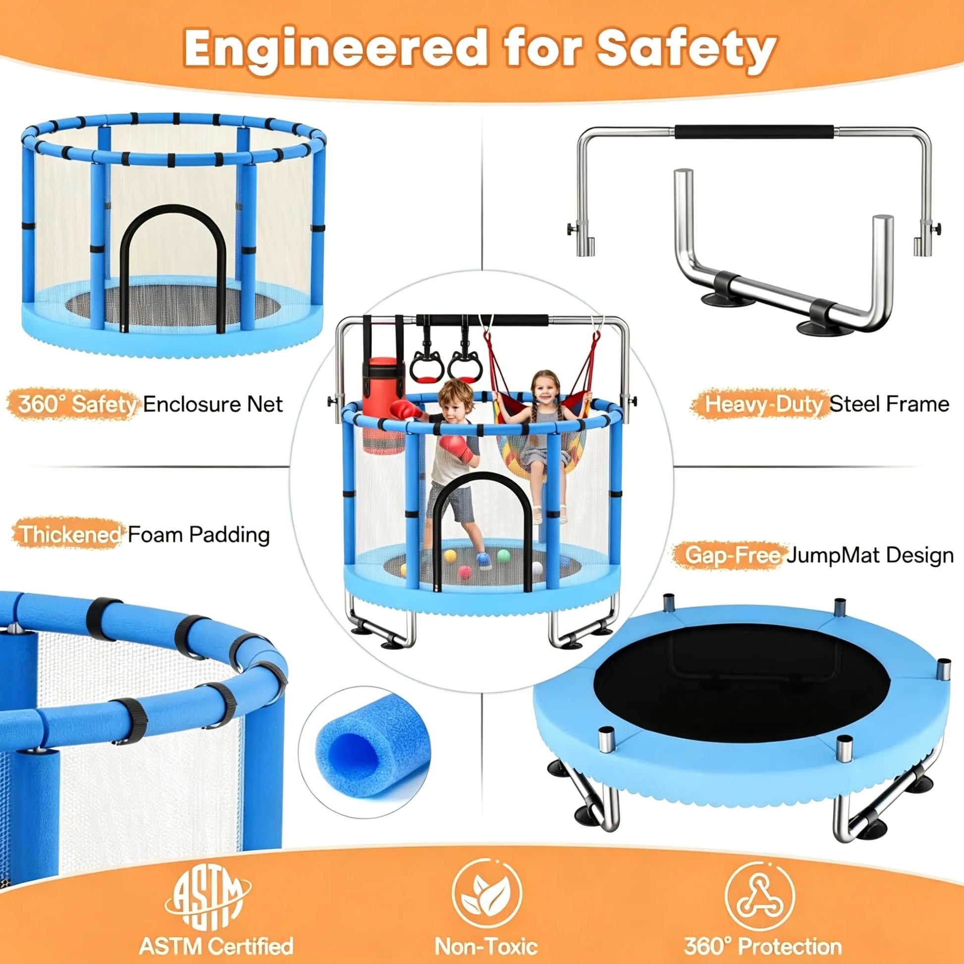 60" Toddler Trampoline with Safety Net,440Lbs Kids Trampolineindoor Outdoor, Mini Trampoline Playset for Boys & Girls