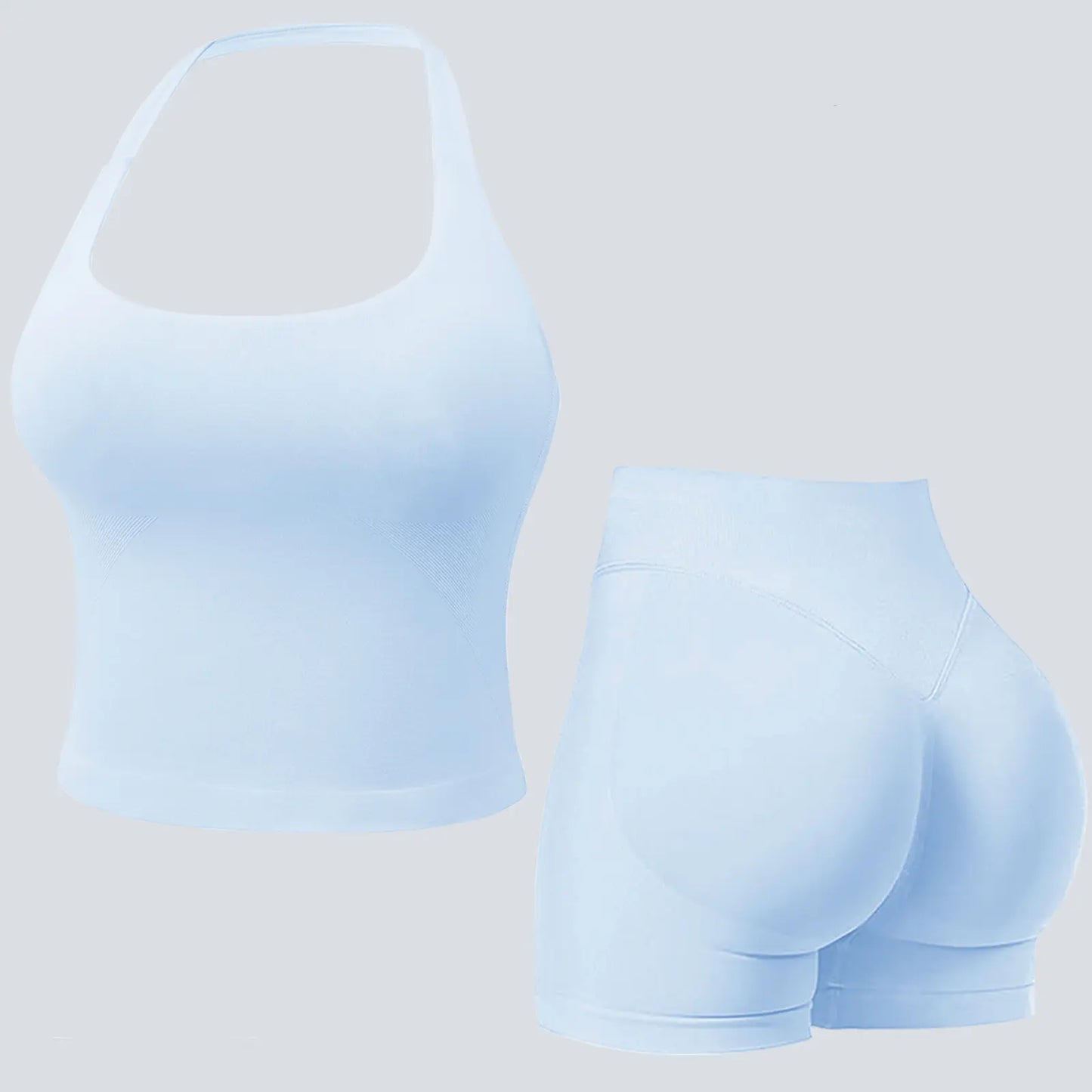 Jetjoy Sets for Women 2 Piece, Workout Sets for Women 2 Piece Gym Outfits Seamless Longline Halter Backless Crop Top Scrunch Bum Shorts Athleisure Yoga Outfits Gym Tracksuit Fitness & Casual Wear Summeroutfit