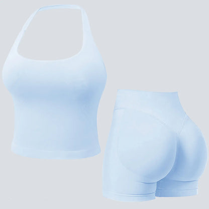 Jetjoy Sets for Women 2 Piece, Workout Sets for Women 2 Piece Gym Outfits Seamless Longline Halter Backless Crop Top Scrunch Bum Shorts Athleisure Yoga Outfits Gym Tracksuit Fitness & Casual Wear Summeroutfit