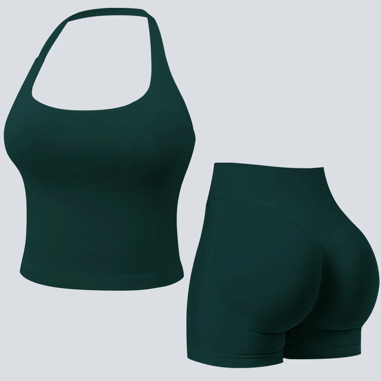 Jetjoy Sets for Women 2 Piece, Workout Sets for Women 2 Piece Gym Outfits Seamless Longline Halter Backless Crop Top Scrunch Bum Shorts Athleisure Yoga Outfits Gym Tracksuit Fitness & Casual Wear Summeroutfit