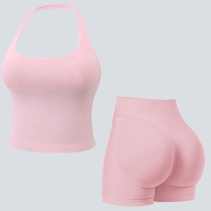 Jetjoy Sets for Women 2 Piece, Workout Sets for Women 2 Piece Gym Outfits Seamless Longline Halter Backless Crop Top Scrunch Bum Shorts Athleisure Yoga Outfits Gym Tracksuit Fitness & Casual Wear Summeroutfit