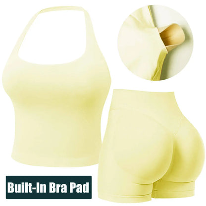 Jetjoy Sets for Women 2 Piece, Workout Sets for Women 2 Piece Gym Outfits Seamless Longline Halter Backless Crop Top Scrunch Bum Shorts Athleisure Yoga Outfits Gym Tracksuit Fitness & Casual Wear Summeroutfit