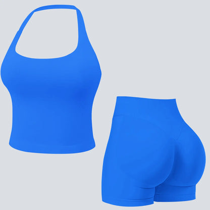 Jetjoy Sets for Women 2 Piece, Workout Sets for Women 2 Piece Gym Outfits Seamless Longline Halter Backless Crop Top Scrunch Bum Shorts Athleisure Yoga Outfits Gym Tracksuit Fitness & Casual Wear Summeroutfit